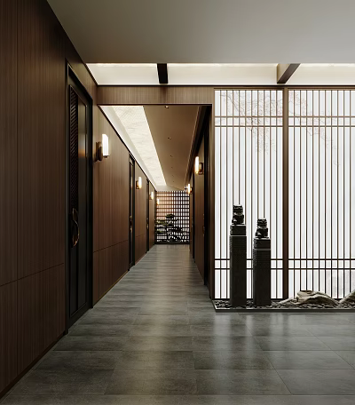 Modern Hotel Corridor With Dark Wooden Walls Wall Lamps And Lattice Screen 3d model