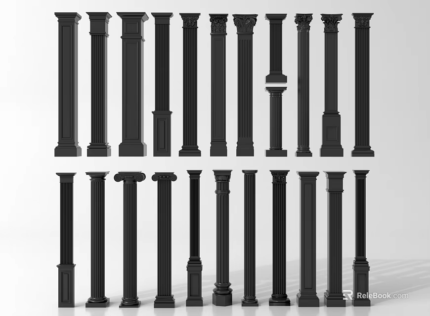 Black Decorative Columns With Various Architectural Designs And Decorative Styles 3d model