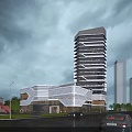 Modern Commercial Complex With Glass Curtain Walls Tall Tower And Surrounding Urban Plaza Design