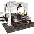 Chinese Style Double Bed With White Canopy Nightstand Table Lamp Sofa And Patterned Rug 3d model