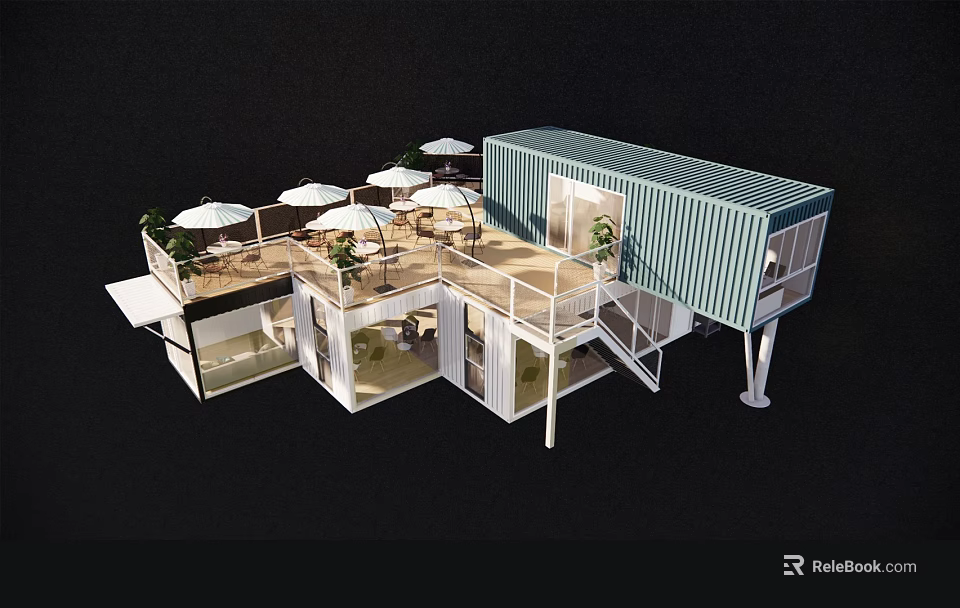 Modern Container Building With Terrace Umbrellas Plants And Spacious Open Design 3d model