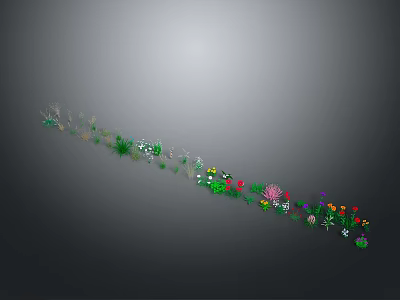 Colorful Row of Various Plants with Green Grass and Decorative Flowers 3d model
