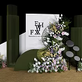 Wedding Decor Setup With Green Pillars White Backdrop Flower Decorations And Circular Ornaments 3d model