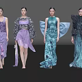 Four Women Fashion Models Walking Runway Show In Creative Designer Outfits