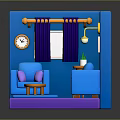 Living Room Interior With Blue Walls Blue Sofas Purple Rug Orange Coffee Table Clock Curtains