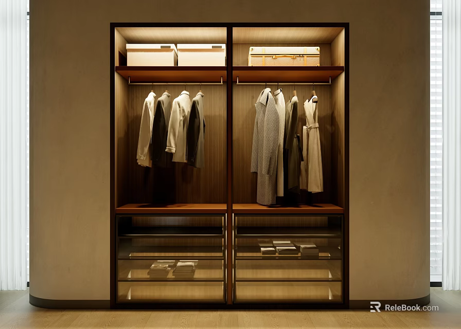 Modern Built in Wardrobe Interior With Hanging Clothes Storage Drawers And White Boxes 3d model 