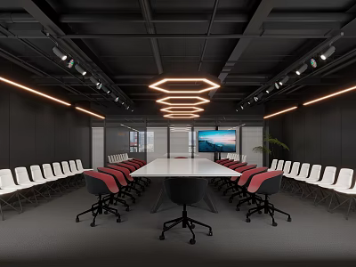 Modern Conference Room Interior With Long Table Red White Chairs Large Screen And Pendant Lighting 3d model