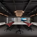 Modern Conference Room Interior With Long Table Red White Chairs Large Screen And Pendant Lighting