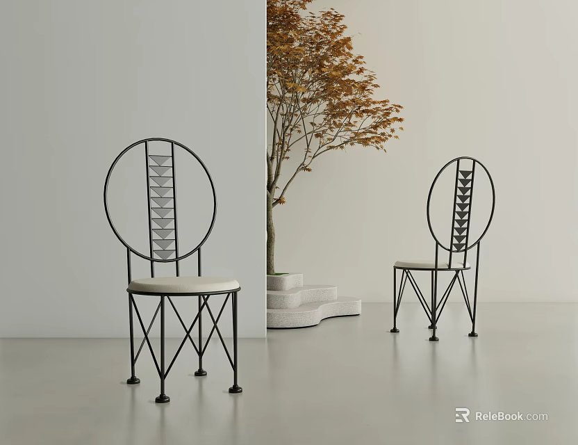 Single Chair with Black Round Backrest Woven Light Cushion in Minimalist Setting with Autumn Tree 3d model 