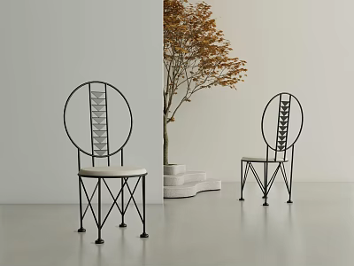 Single Chair with Black Round Backrest Woven Light Cushion in Minimalist Setting with Autumn Tree 3d model