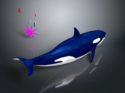 Polygonal Blue Orca Aquatic Animal with Pink Starburst and Small Red Fish 3d model