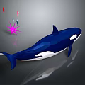 Polygonal Blue Orca Aquatic Animal with Pink Starburst and Small Red Fish