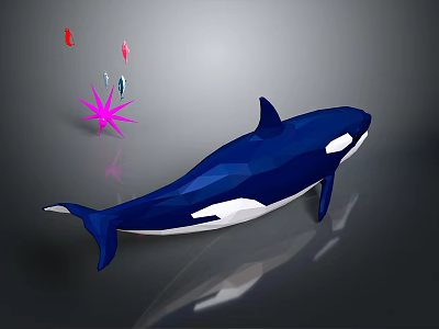 Polygonal Blue Orca Aquatic Animal with Pink Starburst and Small Red Fish 3d model