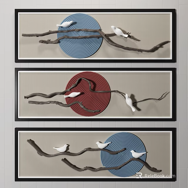 Modern Wall Decor With Branches White Birds Blue Red Spiral Circular Patterns 3d model