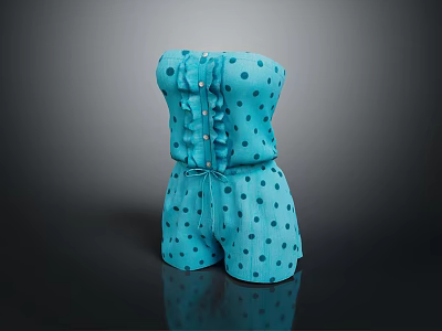 Blue Polka Dot Strapless Romper With Ruffled Top And Drawstring Waist 3d model