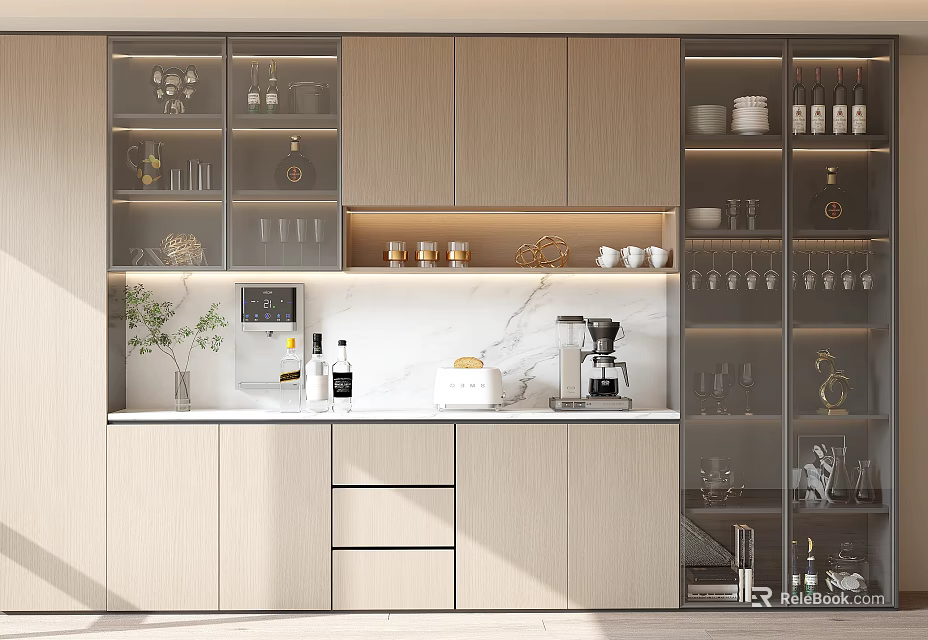 Modern Wine Cabinet Design With Glass Doors Wooden Cabinetry And Wine Glass Holders 3d model 