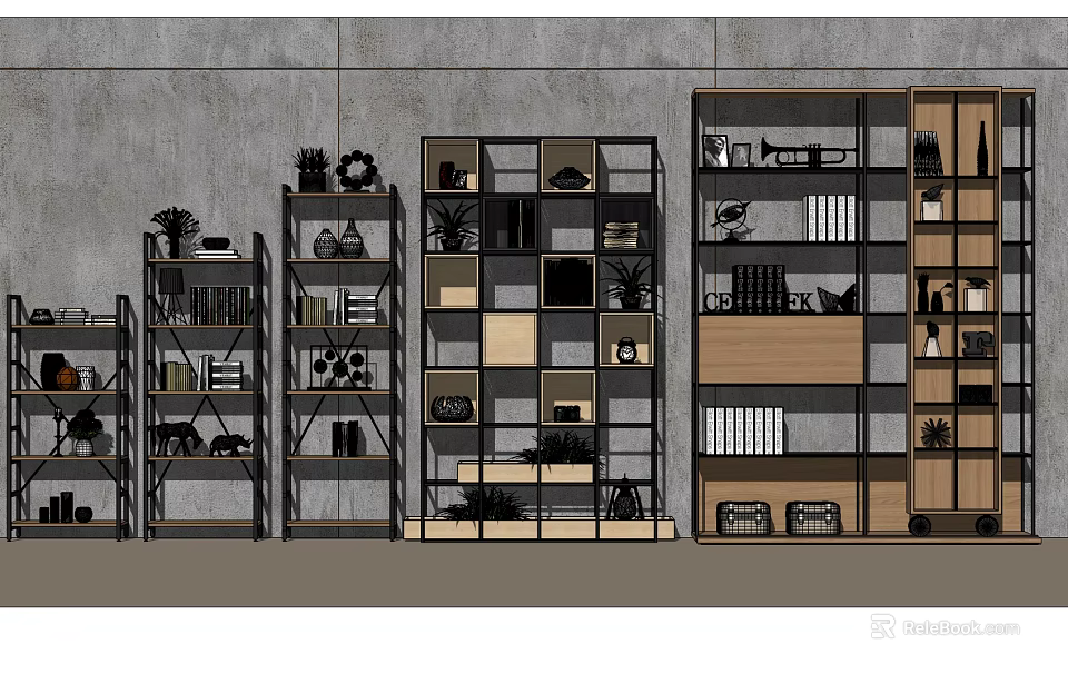 Contemporary Shelving Units Featuring Wood Metal Frames Decorative Items Books And Potted Plants 3d model 