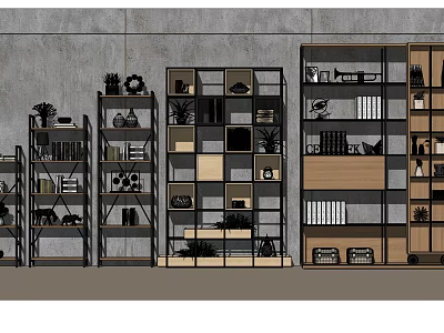 Contemporary Shelving Units Featuring Wood Metal Frames Decorative Items Books And Potted Plants 3d model