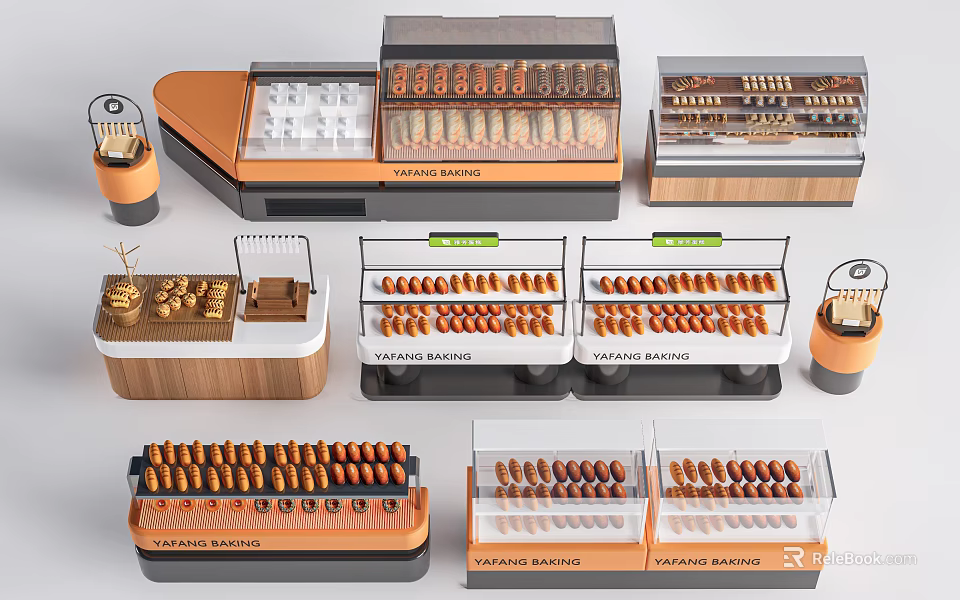 Modern Bakery Display Shelves With Glass Doors And Multiple Layers For Various Pastries 3d model 