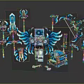 Futuristic Blue And White Mechanical Device With Wings Surrounded By Various Blue Weapons And Chest