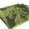 3D Green Hilly Terrain Model With Terraced Slopes And Mountainous Features
