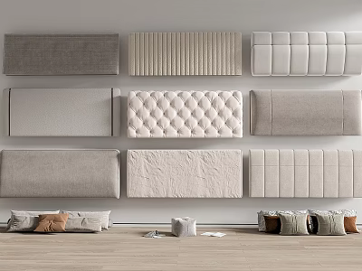 Various Designed Headboards With Tufted Patterns Neutral Tones On White Wall And Wooden Floor 3d model