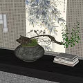 Bonsai Plant In Gray Pot On Dark Wooden Shelf With Stacked Books And Decorative Painting