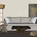 White Sofa and Wooden Coffee Table Set with Floor Lamp Green Plant and Wall Art