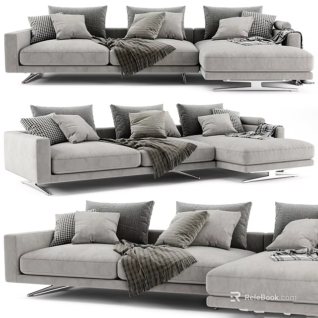 Modern Gray Sectional Sofa With Plush Pillows And Cozy Blanket 3d model 