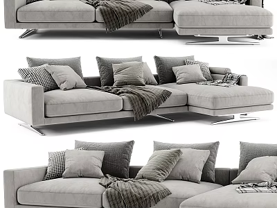 Modern Gray Sectional Sofa With Plush Pillows And Cozy Blanket 3d model