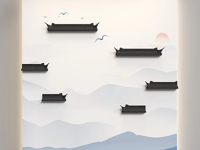 Chinese Style Background Wall With Traditional Roofs Wavy Lines Flying Birds And Red Sun 3d model