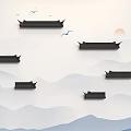 Chinese Style Background Wall With Traditional Roofs Wavy Lines Flying Birds And Red Sun