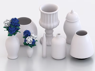 White Vases With Blue And White Flowers In Assorted Shapes For Decorative 3d model