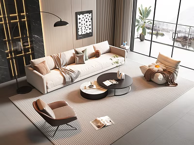 Elegant Modern Living Room Sofa Coffee Table Set with Throw Pillows Armchairs and Floor Lamp 3d model