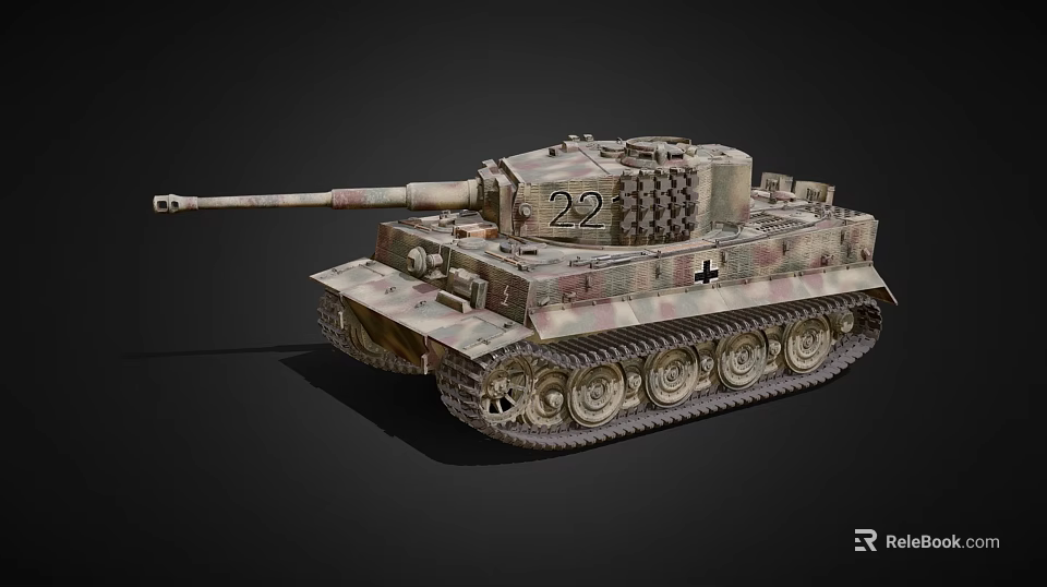 Detailed Military Tank With Camouflage Paint Number 22 Tracks And Cross Symbol 3d model 