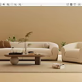 Beige Sofa And Coffee Table Set With Armchair Vase Books Rug And Green Plants