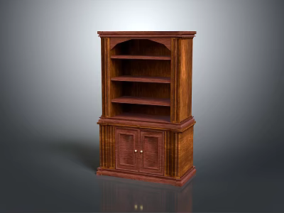 Traditional Wooden Bookshelf With Open Display Shelves And Lower Cabinet Doors 3d model