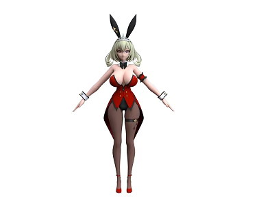 Blonde Haired Woman In Red Bunny Costume With Black Stockings And Red Heels 3d model