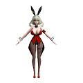 Blonde Haired Woman In Red Bunny Costume With Black Stockings And Red Heels