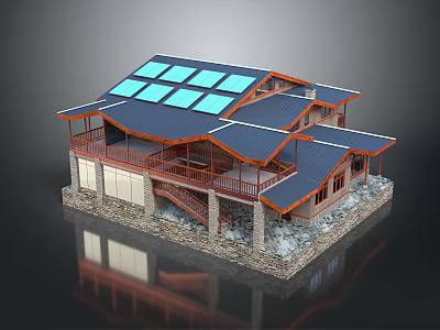 Cartoon Scene of House With Blue Roof Solar Panels Wooden Balcony And Stone Base Reflection 3d model
