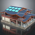 Cartoon Scene of House With Blue Roof Solar Panels Wooden Balcony And Stone Base Reflection
