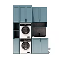Blue Bathroom Cabinetry With Washing Machine Dryer Storage And Open Shelves 3d model