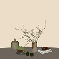 Decorative Ornament Set Featuring Flowering Branch Vase Green Glass Bottle Small Plant And Golden Accent