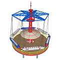 Colorful Rotating Swing Ride With Blue Frame Red Top Circular Base And Striped Hanging Seats