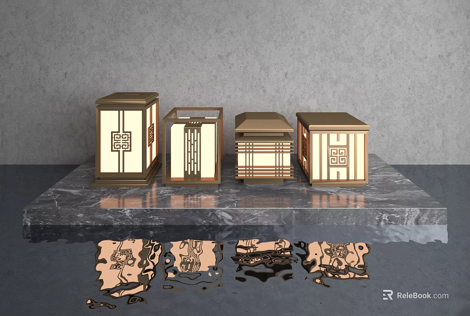 Decorative Outdoor Lights With Chinese Style Design Multiple Patterns Illuminated On Marble Surface 3d model