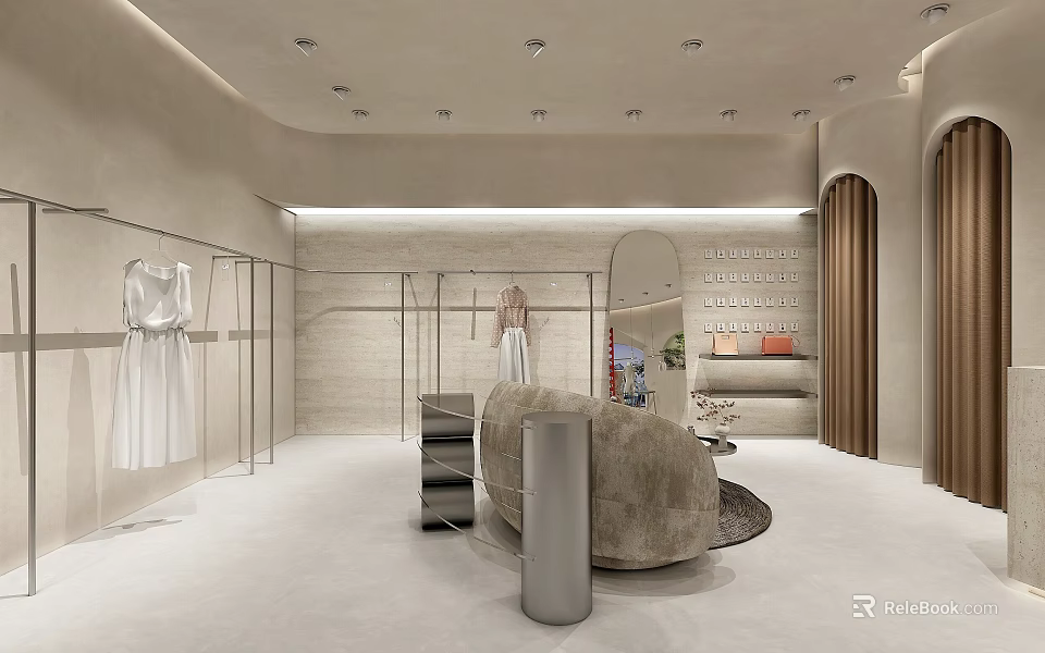 Modern Elegant Clothing Store Interior With Clothing Racks Displayed Dresses And Comfortable Sofa 3d model 