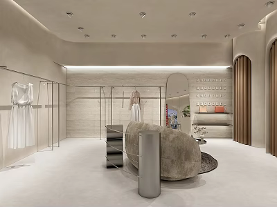 Modern Elegant Clothing Store Interior With Clothing Racks Displayed Dresses And Comfortable Sofa 3d model