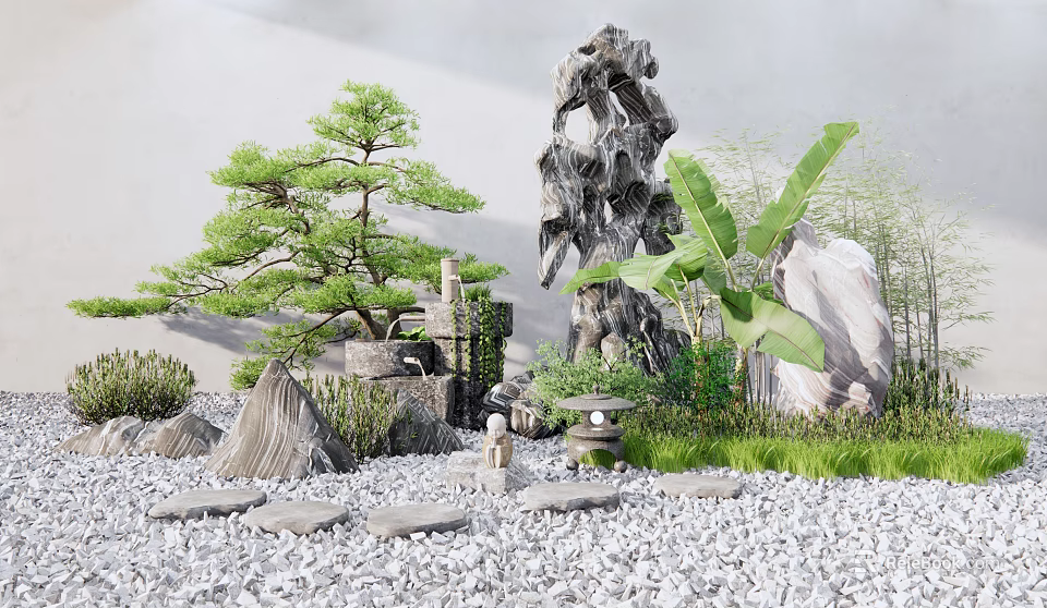 Garden Courtyard With Rockery Pine Tree Bamboo Stone Path And Small Statue 3d model