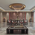 Modern Chinese Private Dining Room With Round Table Chandelier Tea Set And Wooden Furniture