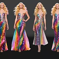 Group of Models Posing in Shiny Rainbow Sequin Gowns on Stage